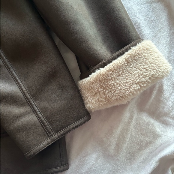 Mango faux leather shearling lined coat jacket brown cream zip size M NWT - Picture 8 of 11